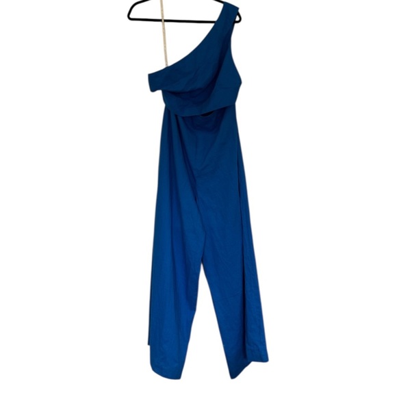 FARM Rio Blue Asymmetrical One Shoulder Linen Blend Jumpsuit Size L - Picture 5 of 16